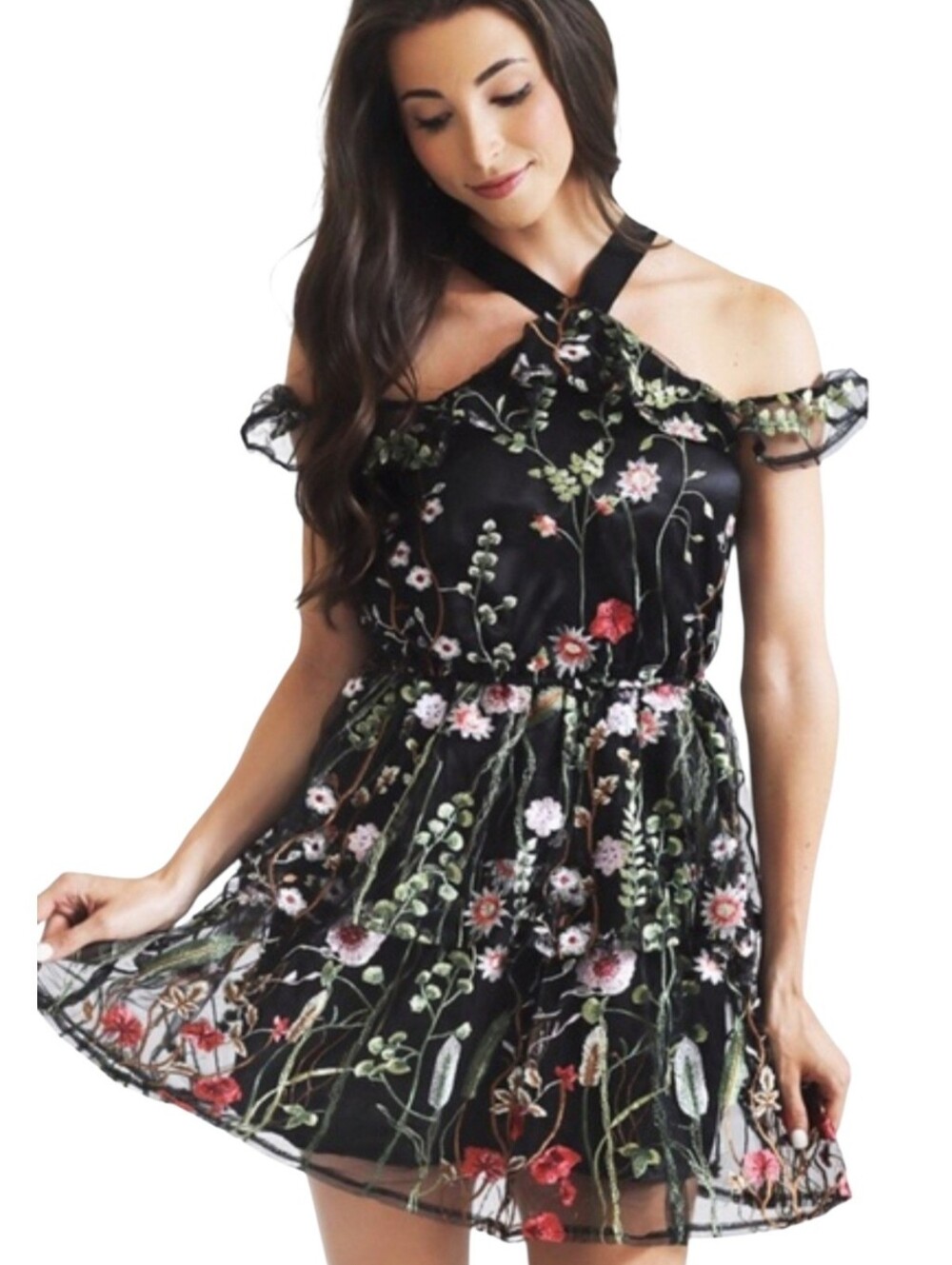 NWT L'Atiste Black Floral Embroidery Chiffon Mini Cocktail Dress Size Small